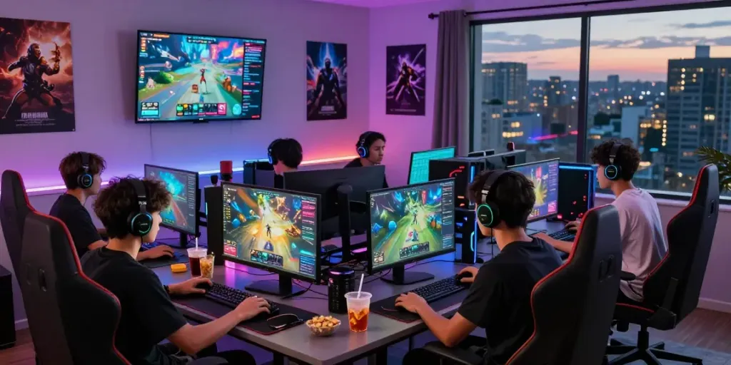 Entusiastas de los juegos en un entorno de gaming vibrante en phuwerte-inwersowia.com mostrando acción y tecnología avanzada.