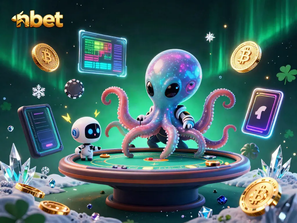 Engage with the vibrant world of nbet featuring an alien octopus at a holographic poker table amidst 3D crypto elements.