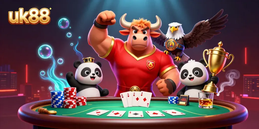 Experience the excitement of uk88 with a victorious bull mascot, eagle champion, and panda trophy under dazzling casino lights.
