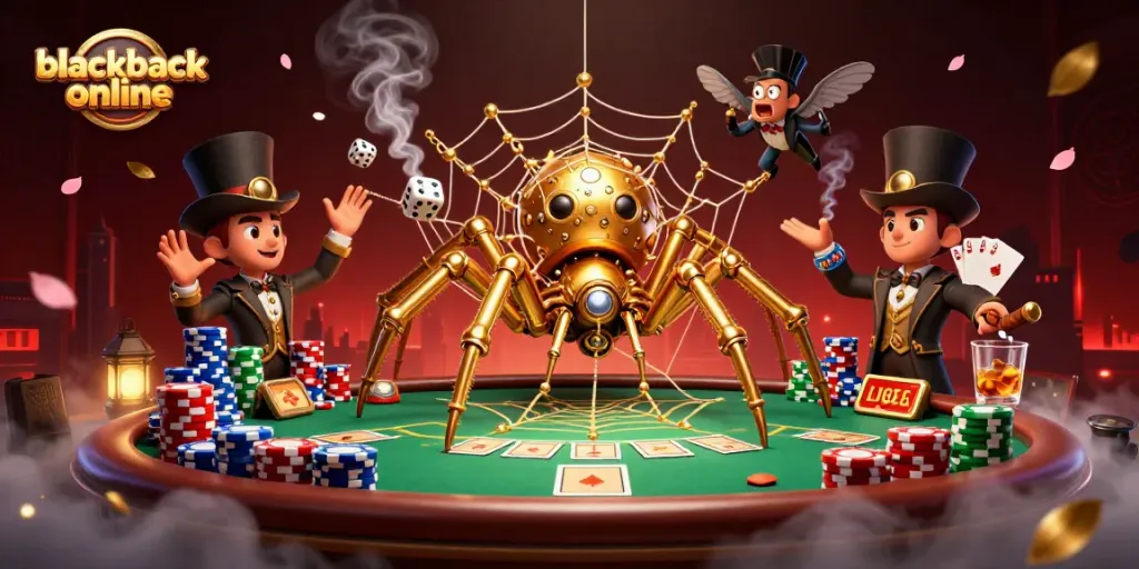 Juega blackjack en línea mientras una araña dorada atrapa dados desafortunados en su red.