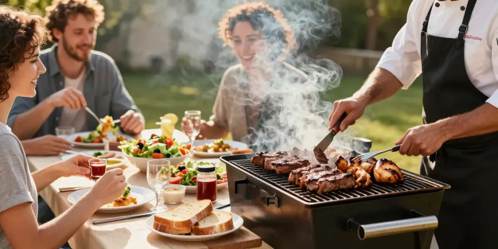 A delightful outdoor barbecue featuring rokok88 link's grilled meats and cheerful dining setup.