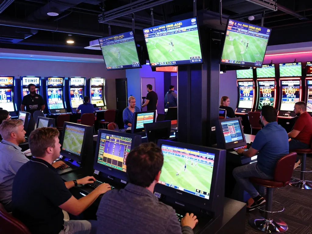 Patrons engaging in sports betting action at the modern keonhacai5 lounge with live game screens.