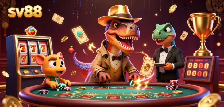 sv88 showcases a thrilling blackjack scene with a velociraptor card counter and casino elements.