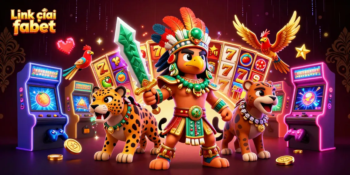 Experience the thrill of gambling with Link vào fabet, featuring vibrant slot reels and an energetic Aztec scene.
