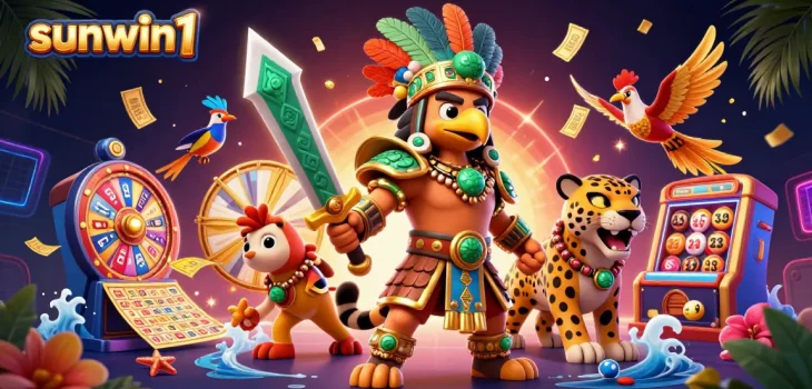 Engage thrill-seekers with sunwin1’s vibrant casino adventure featuring slot reels and energetic characters.