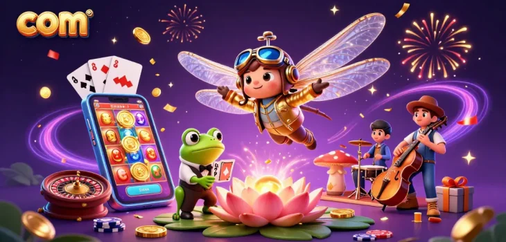 Experience thrilling gameplay at com with a vibrant 3D casino illustration featuring lively characters.