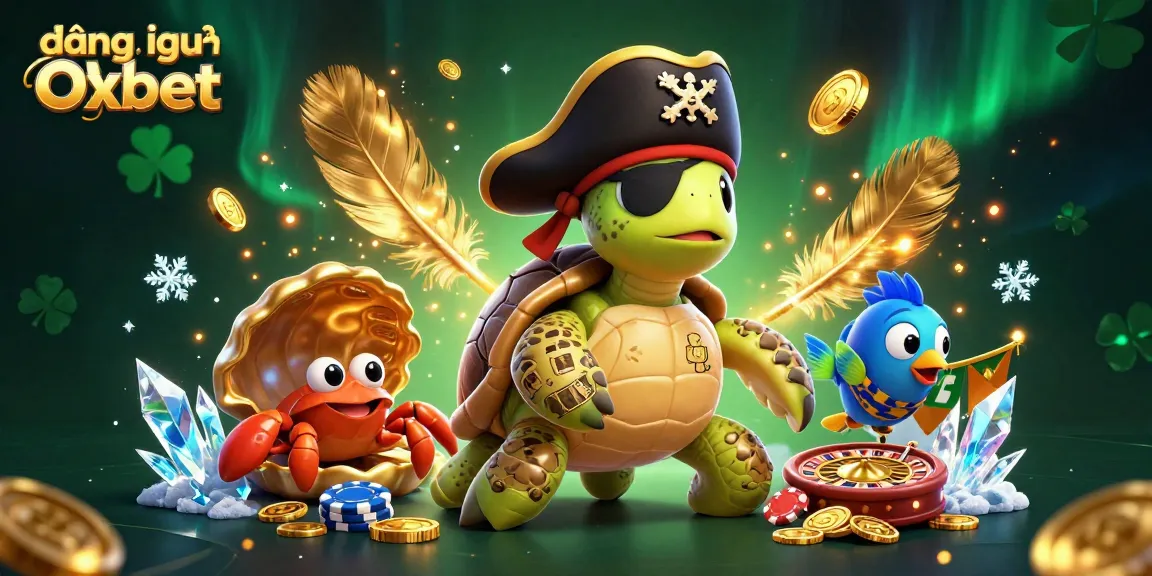 Engage in a vibrant casino scene showcasing the đăng nhập Oxbet experience with a pirate turtle and friends surrounded by roulette wheels and gold coins.