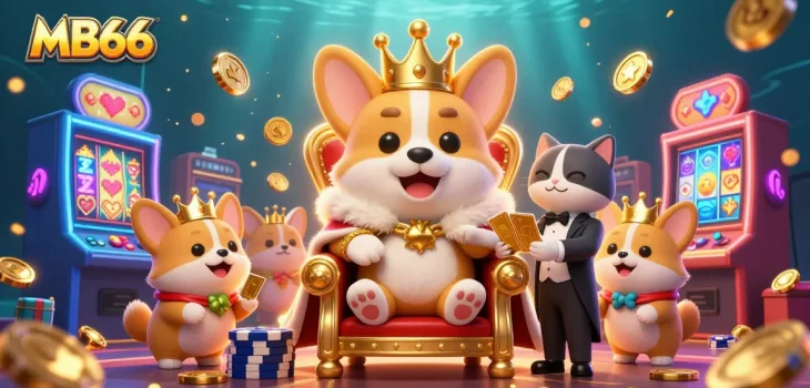 Attend the thrilling world of MB66 with a regal corgi crowned, amidst vibrant slot machines and sparkling casino gold.