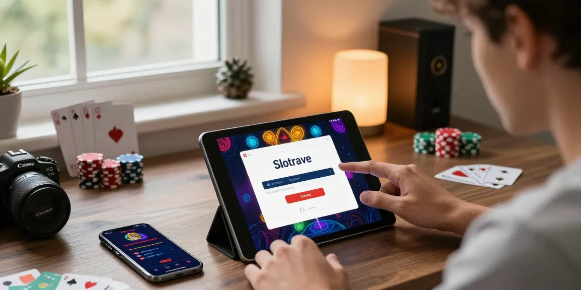 Experience the Slotrave login process in a vibrant online casino setup with gaming elements.