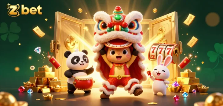 Experience the thrill of winning at zbet with vibrant casino elements and festive characters.