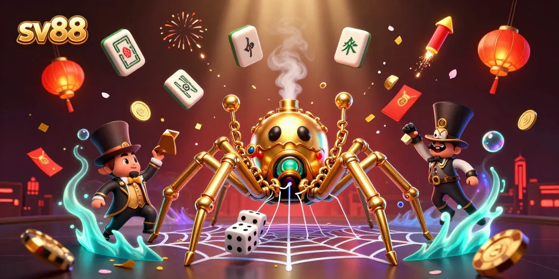 Engage with sv88's lively gaming universe, featuring a golden spider and interactive casino elements.