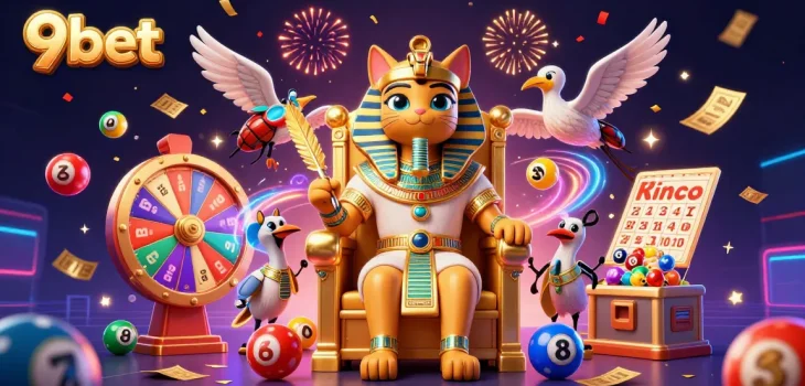 Engage in exciting games at 9bet with a vibrant scene of lottery elements and a pharaoh cat.