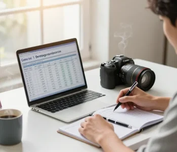 Couple calculating their mortgage with an online calculator in a modern home office, focusing on calcular hipoteca.