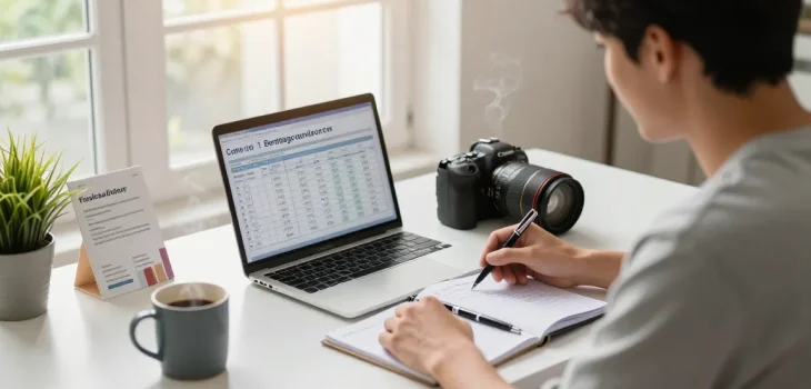 Couple calculating their mortgage with an online calculator in a modern home office, focusing on calcular hipoteca.