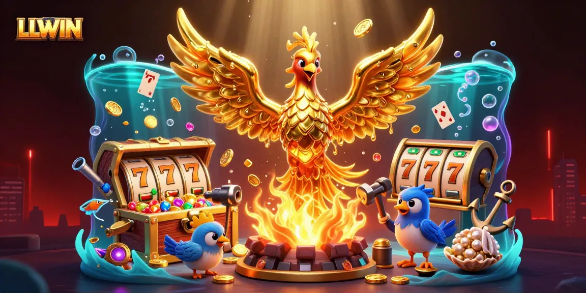 LLWIN engages users with vibrant slot games and dynamic casino visuals captured in this 3D illustration.