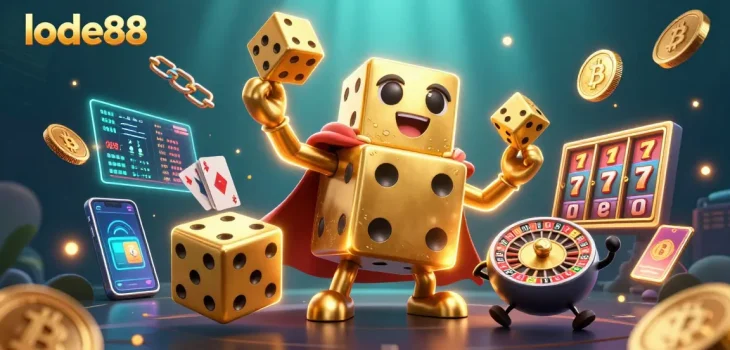 Engage in thrilling gaming experiences with lode88's vibrant casino animation featuring golden dice and crypto elements.
