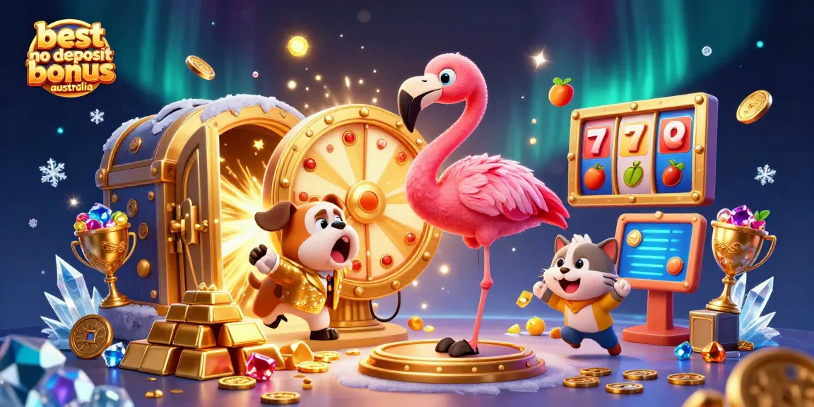 Experience the best no deposit bonus Australia with a colorful 3D casino scene filled with excitement and riches.