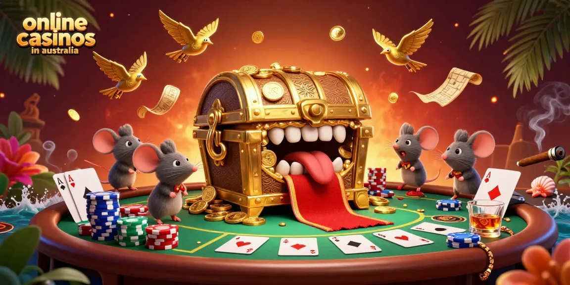 Engage with online casinos in Australia through this vibrant 3D illustration showcasing rich gaming elements and a treasure chest scene.