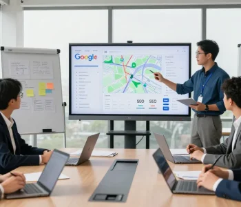 Agencia SEO Local España en reunión estratégica para mejorar posicionamiento en Google Maps.