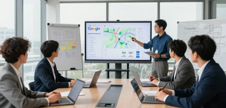 Agencia SEO Local España en reunión estratégica para mejorar posicionamiento en Google Maps.