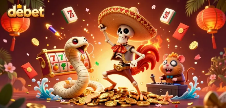 Experience debet-themed excitement with a dynamic illustration featuring a mariachi rooster, mummy snake, and DJ hamster.