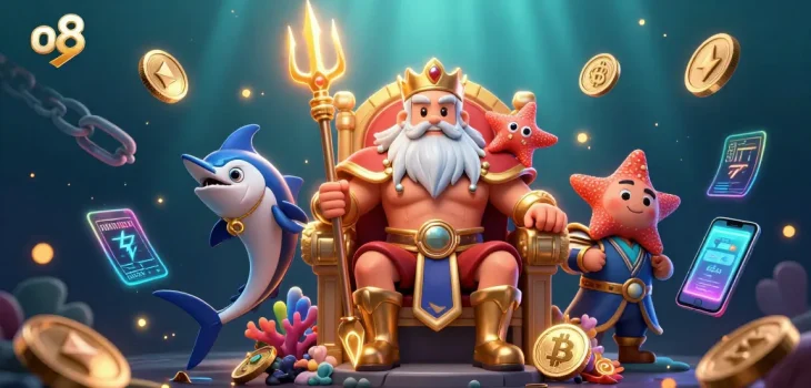 Engage with O8's vibrant casino world, featuring Neptune and coins in a dynamic underwater scene.