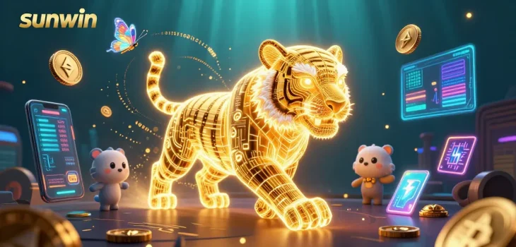 Experience sunwin's vibrant digital casino world with a majestic golden tiger and holographic butterflies.