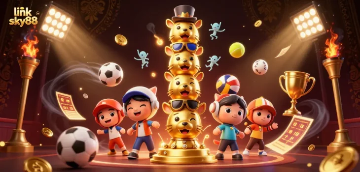 Engage with link sky88 as 3D characters celebrate with dynamic sports elements in a vibrant casino scene.
