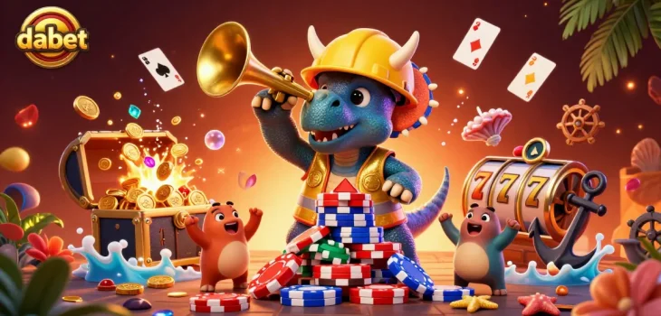 dabet showcases a playful 3D triceratops building poker chip pyramids in a vibrant gaming scene.