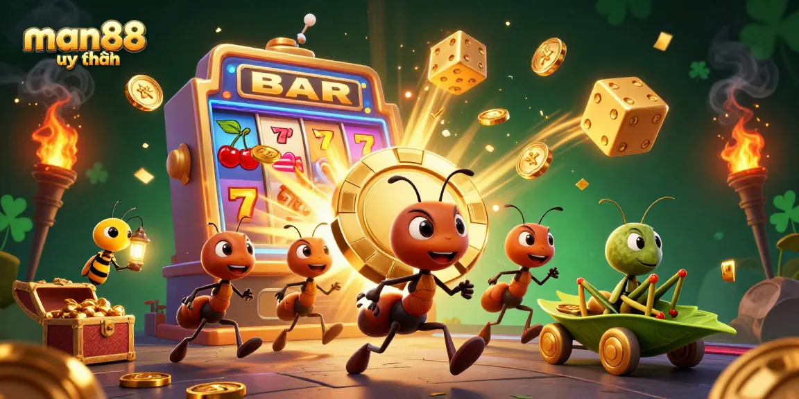 Experience thrilling gameplay with man88 uy tín as ants steal giant poker chips in this vibrant casino illustration.