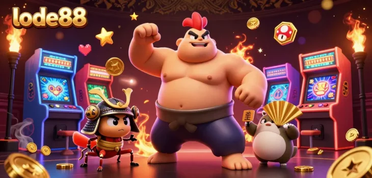Game with lode88's powerful rooster in a vibrant casino scene full of colorful arcade elements.