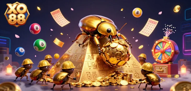 Experience the thrill of XO 88 as golden coins and dynamic lottery elements create a vibrant casino scene.
