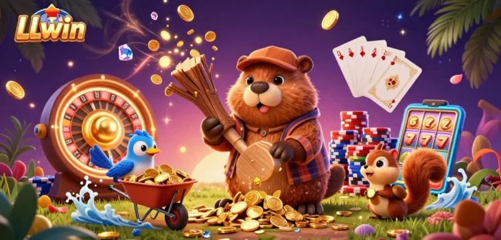 Experience thrilling gameplay with LLwin's lively illustration featuring animated characters and casino elements.