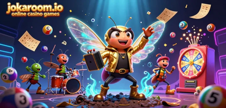 Experience jokaroom.io online casino games with vibrant characters and exciting gameplay elements in a richly detailed illustration.