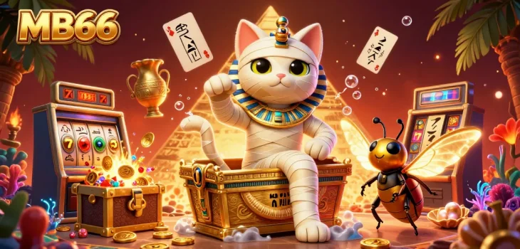Experience the thrilling atmosphere of MB66 casino with a vibrant mummy cat and glowing scarab beetle.
