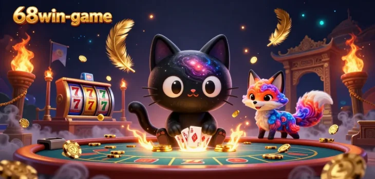 68win-game celebrates vibrant casino action with a cosmic cat and colorful fox at a gaming table.