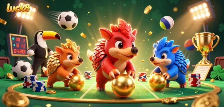 Engage with luck8 as colorful pangolins compete in a humorous game of chance amidst vibrant casino elements.
