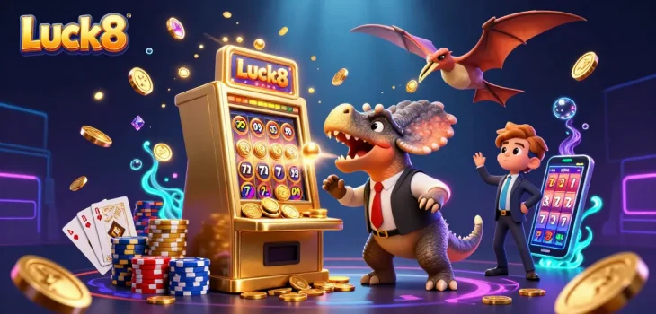 Luck8 casino illustration showcasing a dinosaur hitting a slot machine, capturing jackpots amidst flying coins and vibrant decorations.