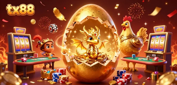 Engage with tx88's vibrant golden dragon casino illustration showcasing dynamic gaming elements.