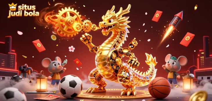 Koin giok berputar dan bola olahraga dalam suasana situs judi bola dengan efek kembang api