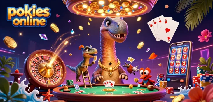 Engage with pokies online in a vibrant scene of fun and games featuring dynamic casino elements.