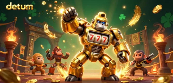 Experience excitement at datum with a dynamic golden gorilla mech amidst casino elements and swirling effects.