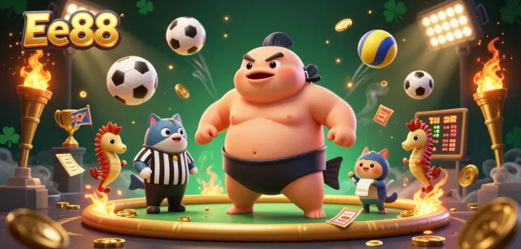 Engage with Ee88's underwater casino scene featuring lively 3D sports elements and characters.