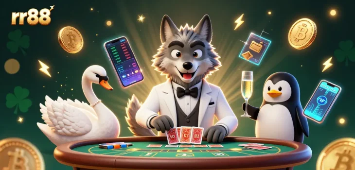 Experience thrilling baccarat action at rr88 with a debonair wolf, elegant swan, and sophisticated penguin.