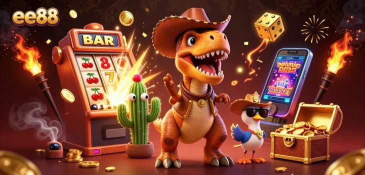 Win big jackpots with ee88 at an exciting 3D cartoon casino scene featuring vibrant characters and games.