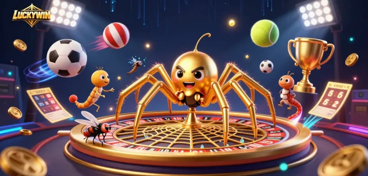LUCKYWIN captivates players with an engaging roulette scene featuring a golden spider and dynamic sports elements.
