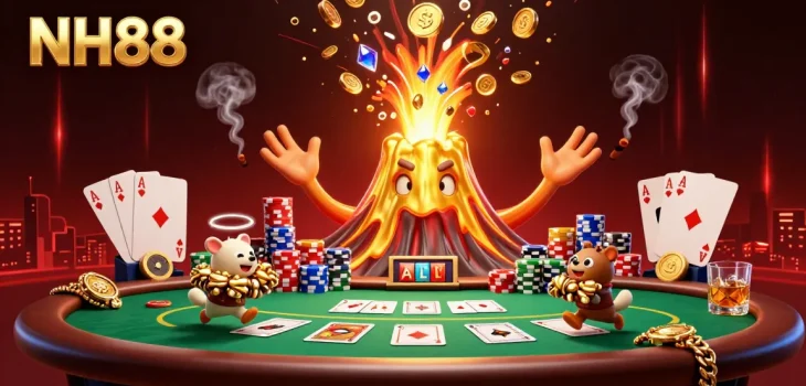 Experience thrilling wins at NH88 casino with a dynamic scene of a volcano erupting treasure amidst poker elements.