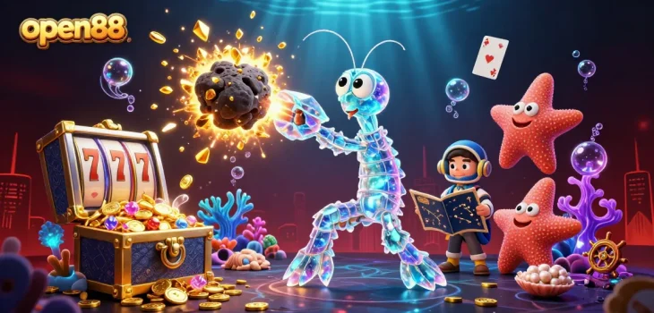 Experience open88's thrilling casino animations with vibrant golden gems and cosmic characters.
