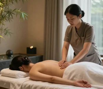 강남출장마사지 session in a tranquil wellness studio with a therapist and soothing ambiance.