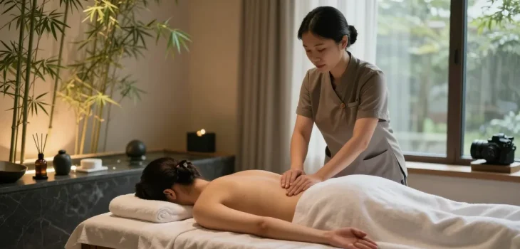 강남출장마사지 session in a tranquil wellness studio with a therapist and soothing ambiance.